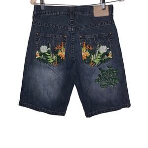 ECKO UNLTD Vtg 90's Jean Shorts Baggy Embroidered Cityscape Floral Jeans